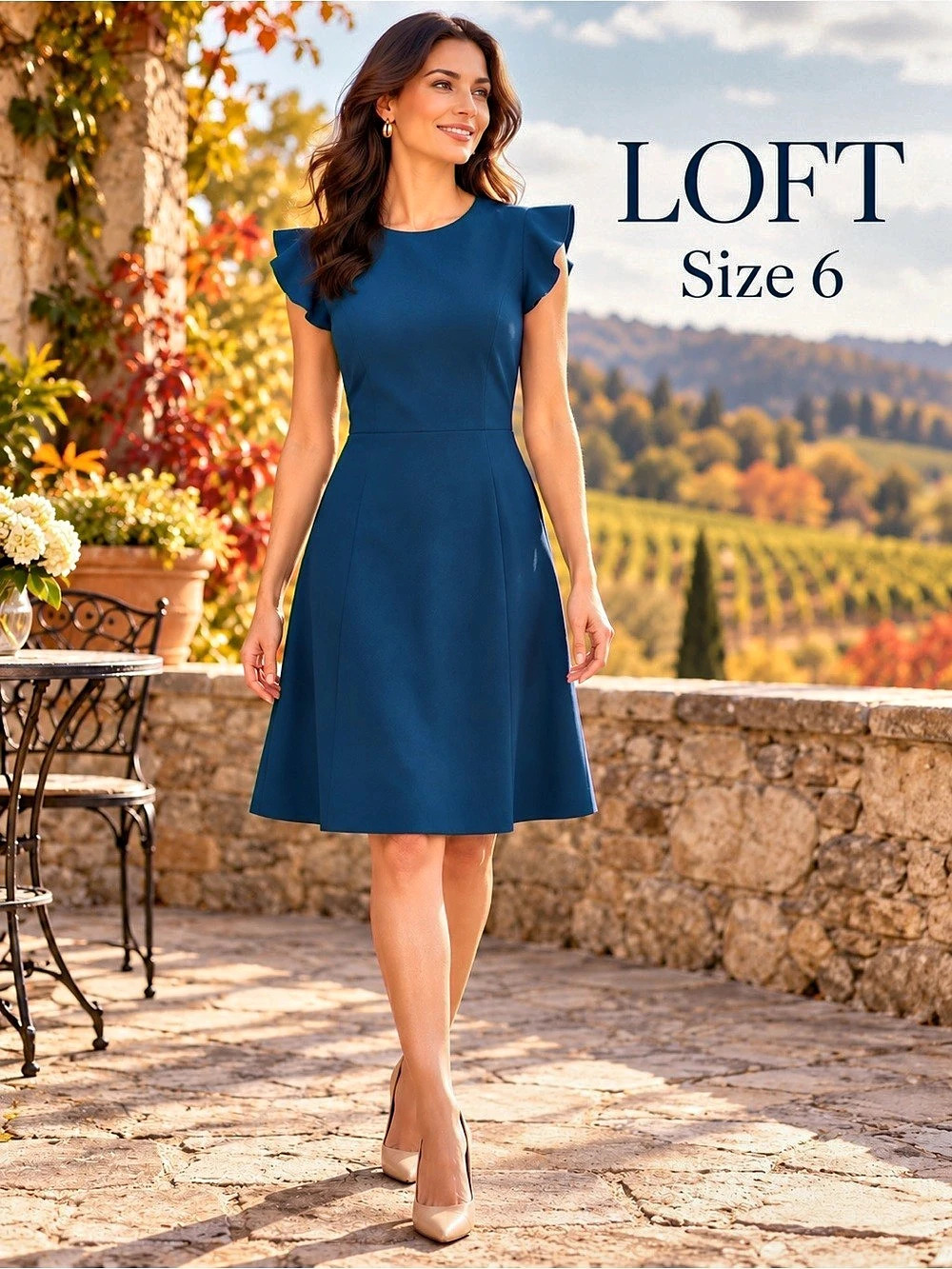 LOFT Teal Blue Flutter Sleeve Fit & Flare Dress with Pockets Size 6